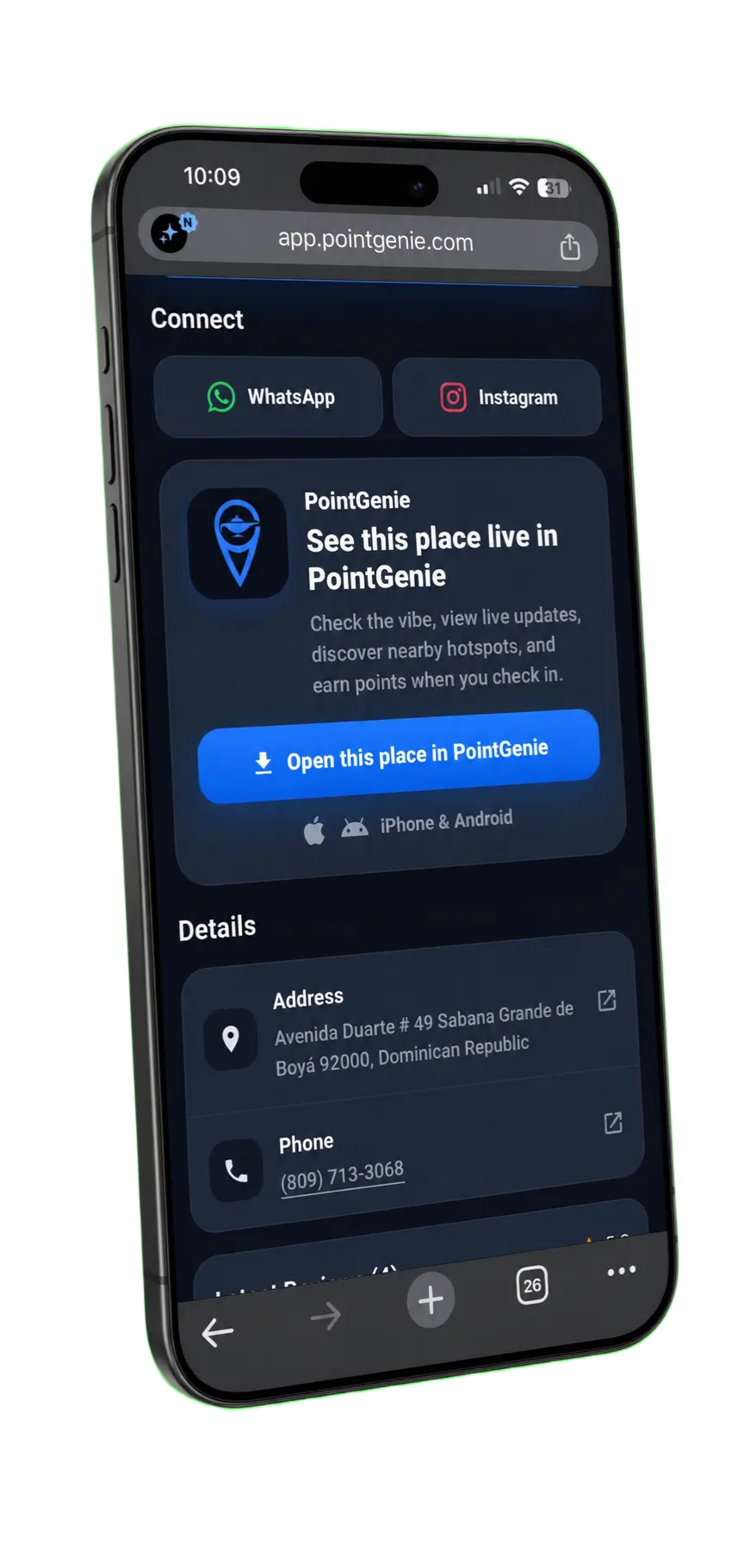 Oasis PointGenie contact links, business details and mobile app action on a smartphone