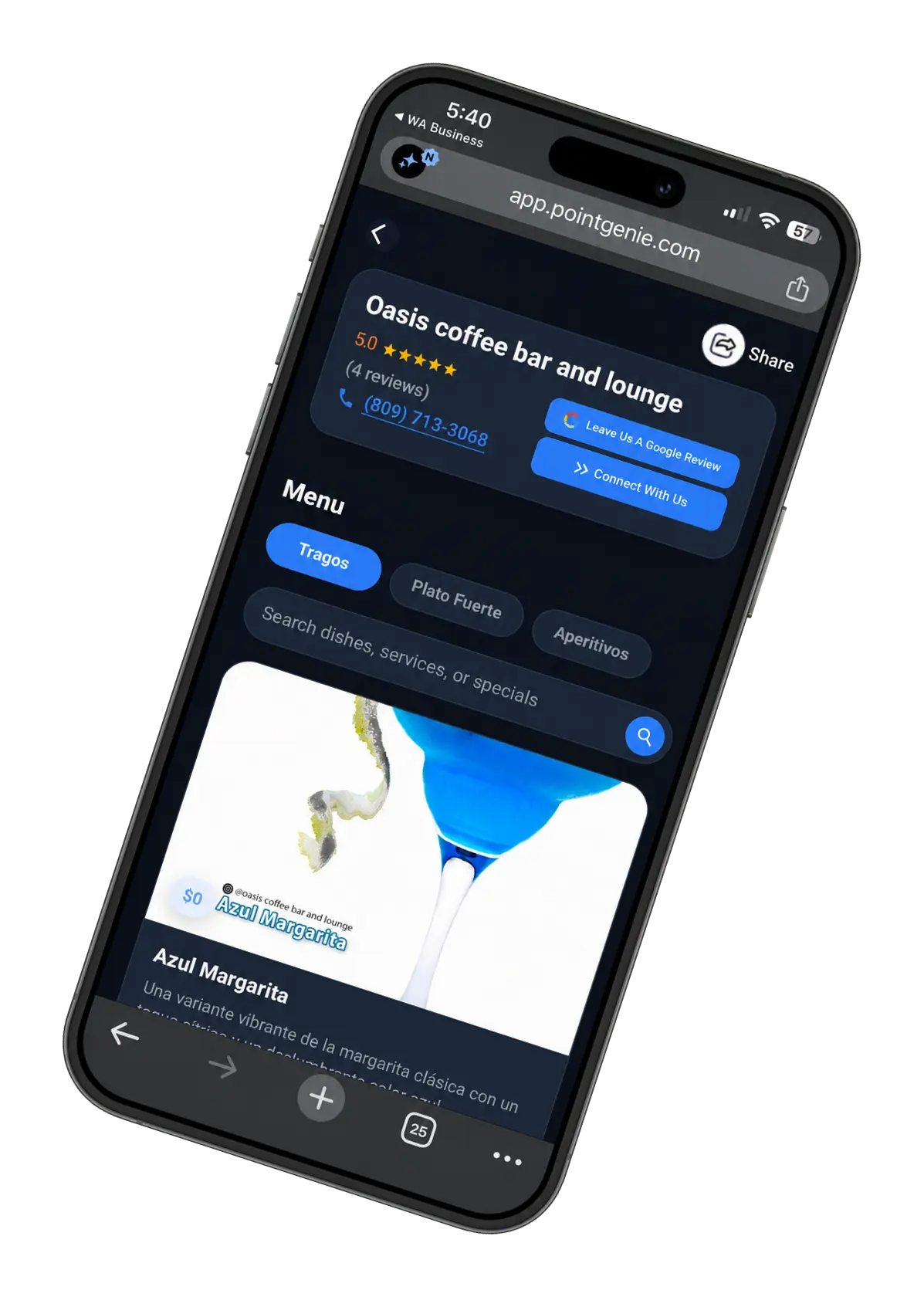 Oasis PointGenie digital menu and Google review actions displayed on a smartphone