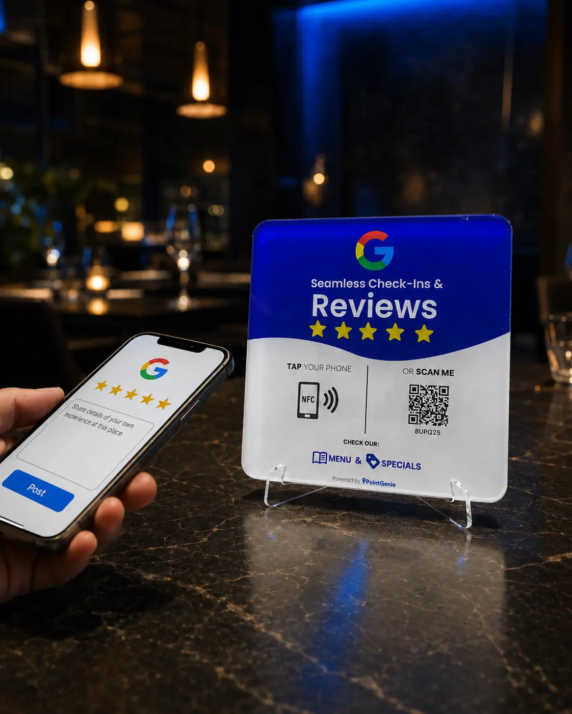 Customer tapping a PointGenie NFC GenieTag at Oasis Coffee Bar to open a Google review form