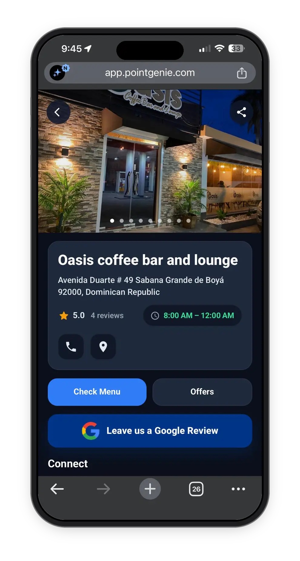Oasis Coffee Bar PointGenie mobile business profile with hours, menu, offers and Google review button