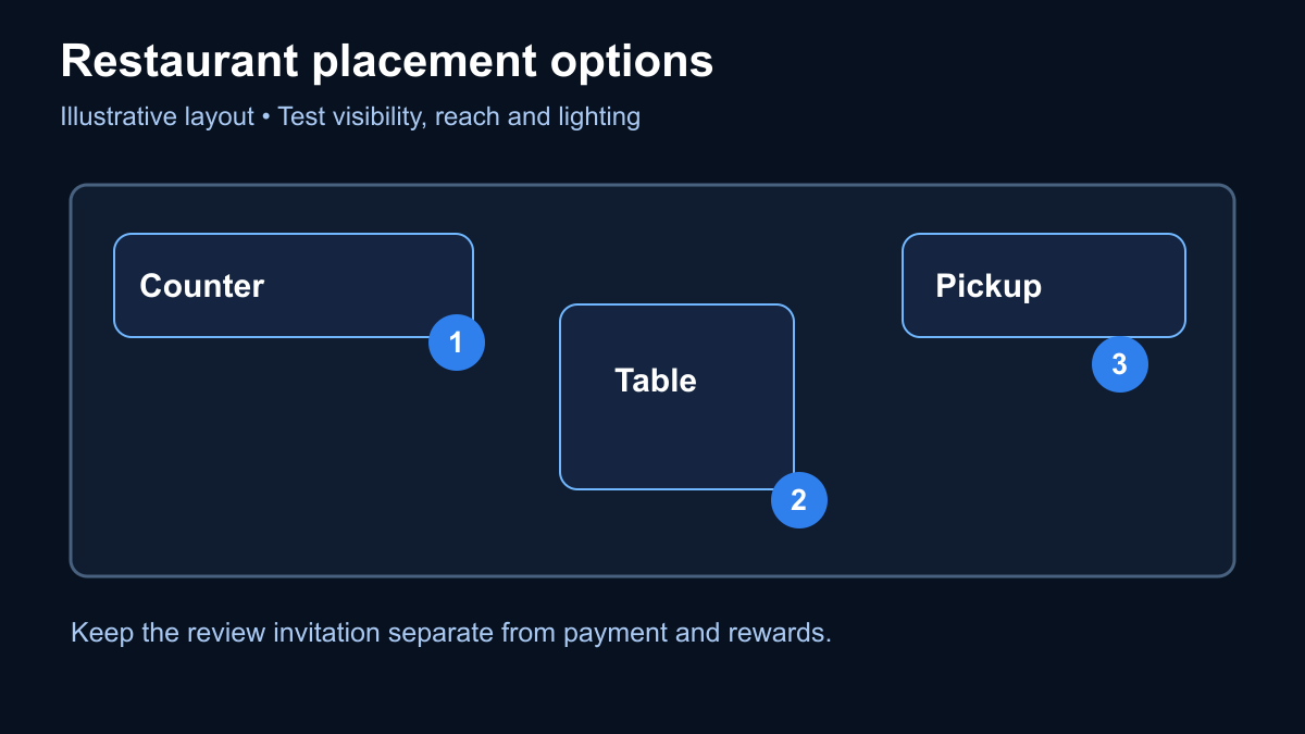 Illustrative restaurant layout marking optional QR or NFC positions at the counter, a table and the pickup area.