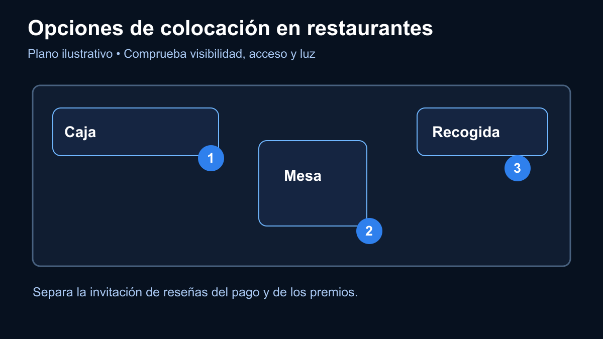 Distribución ilustrativa de un restaurante con puntos opcionales de QR o NFC en caja, mesa y recogida.